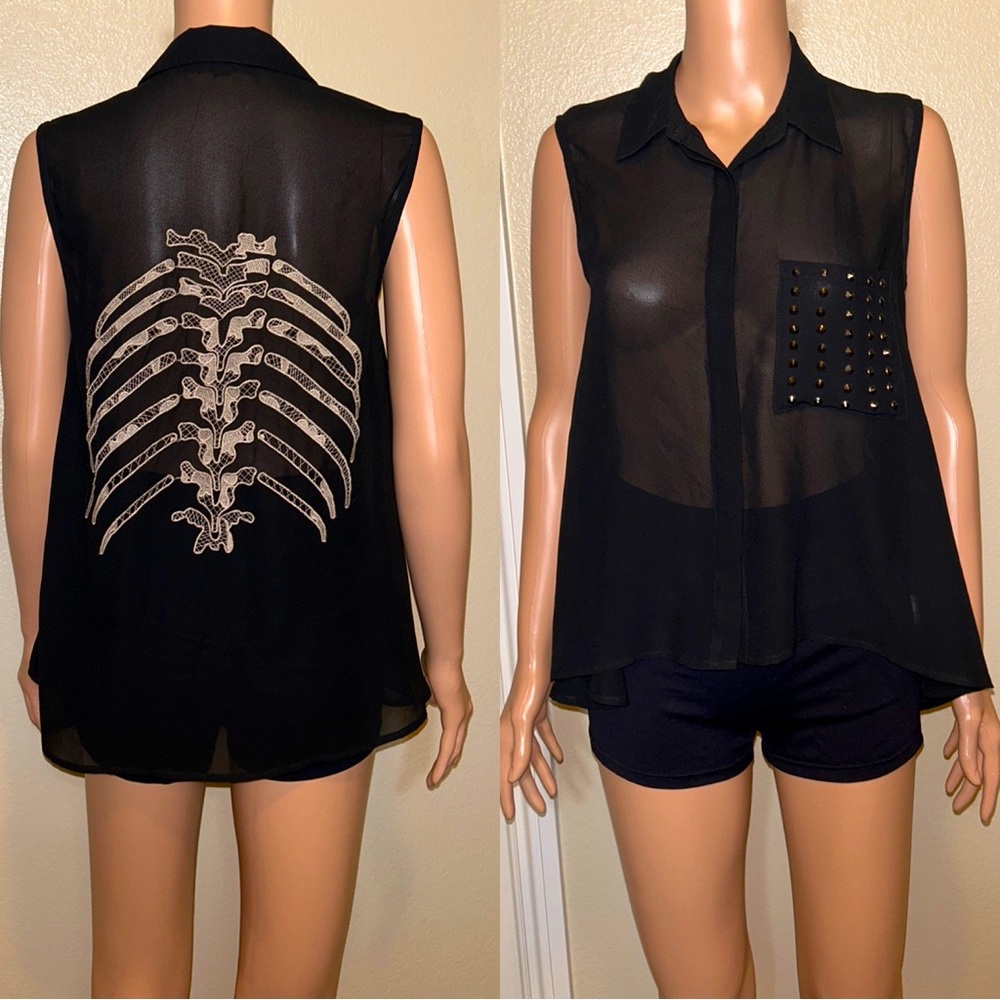 Lulumari Sheer Button Collar Vest Studded Pocket Lace Ribcage